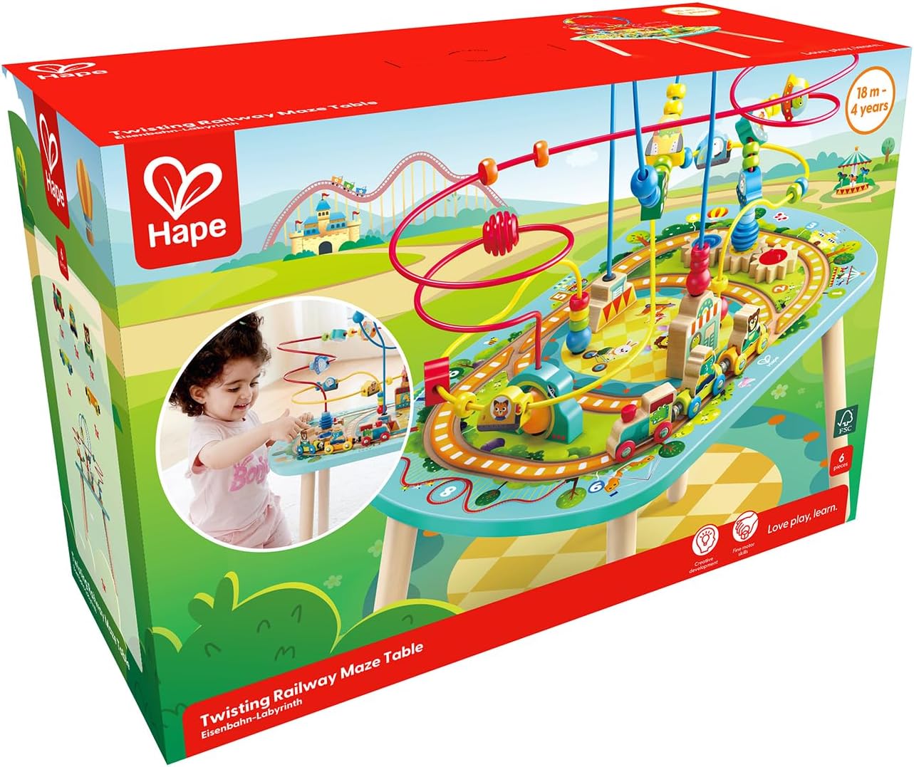 Hape Twisting Railway Maze Table - Wooden Bead Maze & Train Set for Toddlers - Amusement Park Theme with Rollercoaster, UFO & Numbered Stops - Fine Motor Skills Toy for Ages 18M+