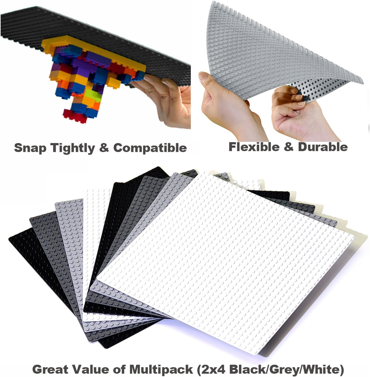 Building Bricks Baseplates Multipack 32x32 Stud, 8 Pack of Base Plates in Color of Black, Dark Grey, Light Grey & White, Foundation & Display for Building Blocks, 10x10 in. (25.5x25.5 cm)