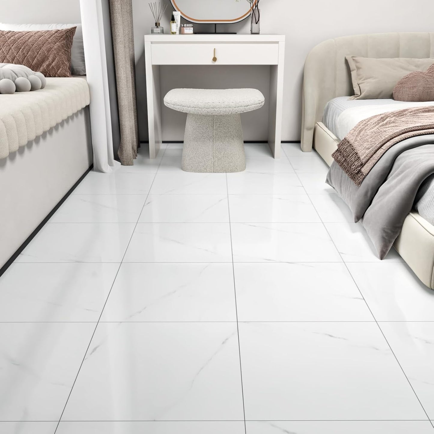 Wallercity White Marble Peel and Stick Vinyl Floor Tiles 6-Pack 12x12 Inches Self Adhesive Waterproof Flooring Planks for Bathroom Kitchen Bedrooms Stick on Floor Tiles Laminate Sheets Vinyl Flooring