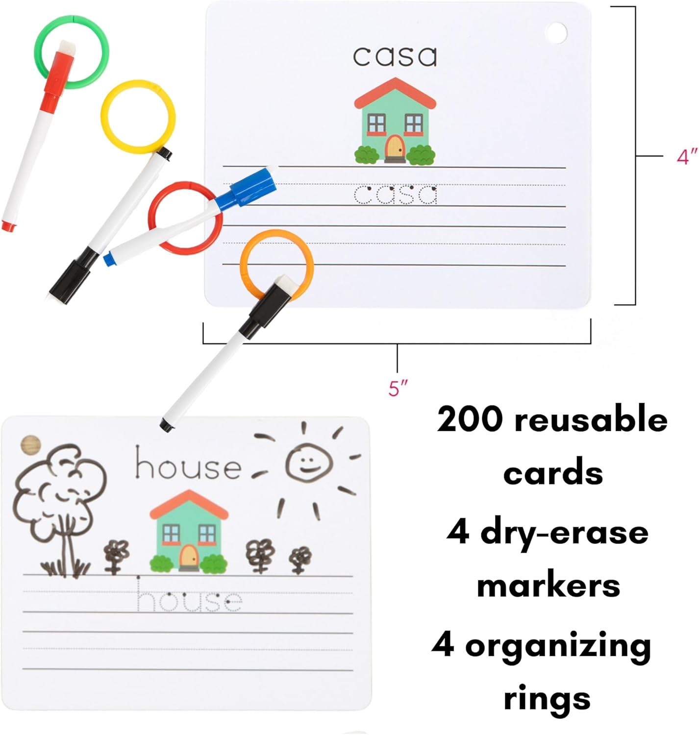 Dry Erase Spanish Flash Cards for Kids | English - Spanish Alphabet Flash Cards for Beginners - Set of 200 ESL Teaching and Learning Bilingual Flashcards for Writing and Reading Games.