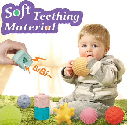 Montessori Baby Toys - Soft Baby Blocks, Stacking Rings & Sensory Balls, 24Pcs 3-in-1 Teething Toys Set for Babies 6-12 Months, Building Blocks Easter Birthday for Boys Girls