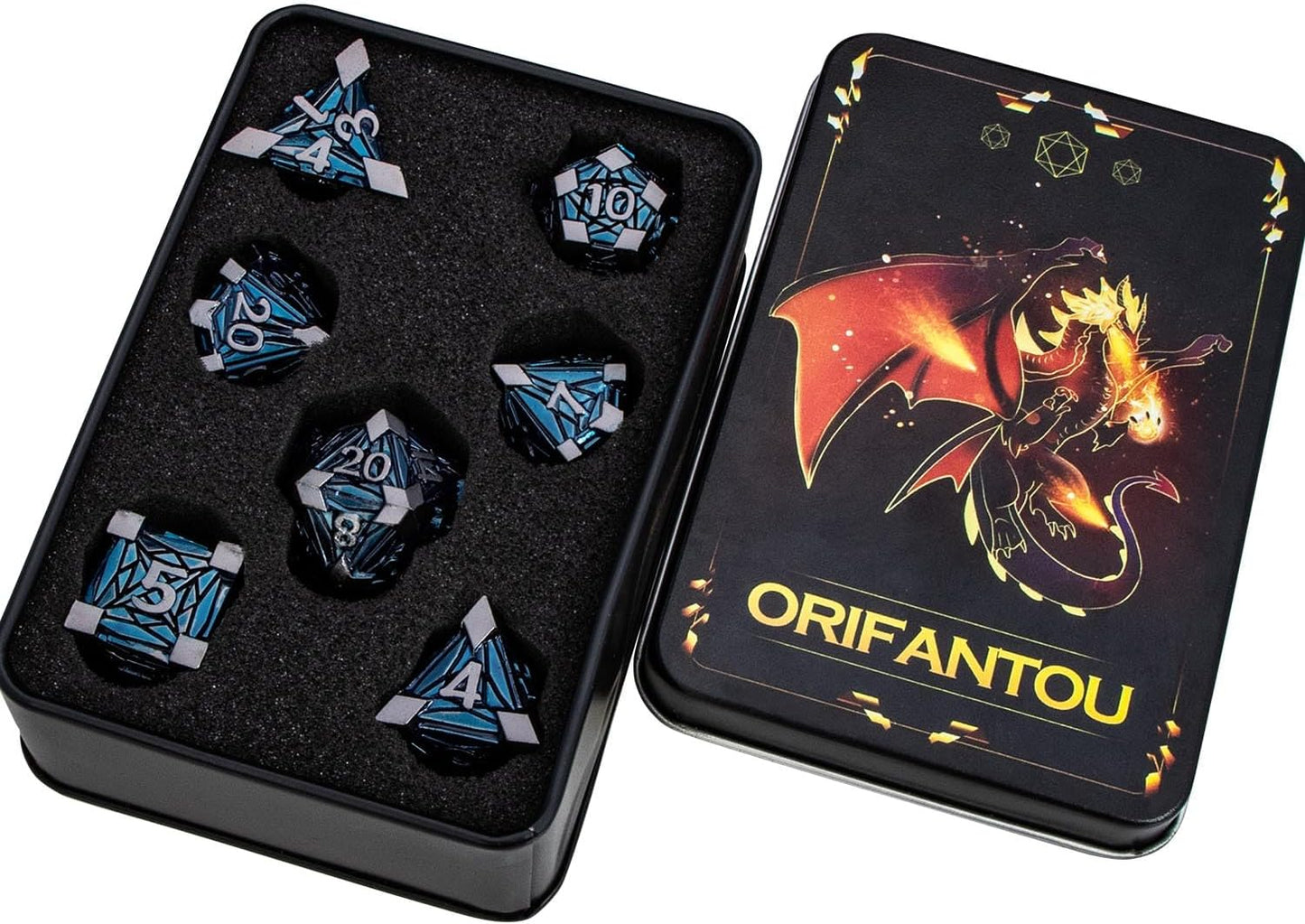 7PCS Metal DND Dice Set with Box, Debris RPG Blue White D and D Dice for D&D Tabletop Games Role Playing Game Polyhedral Dice Set D20 D12 D10 D8 D6 D4