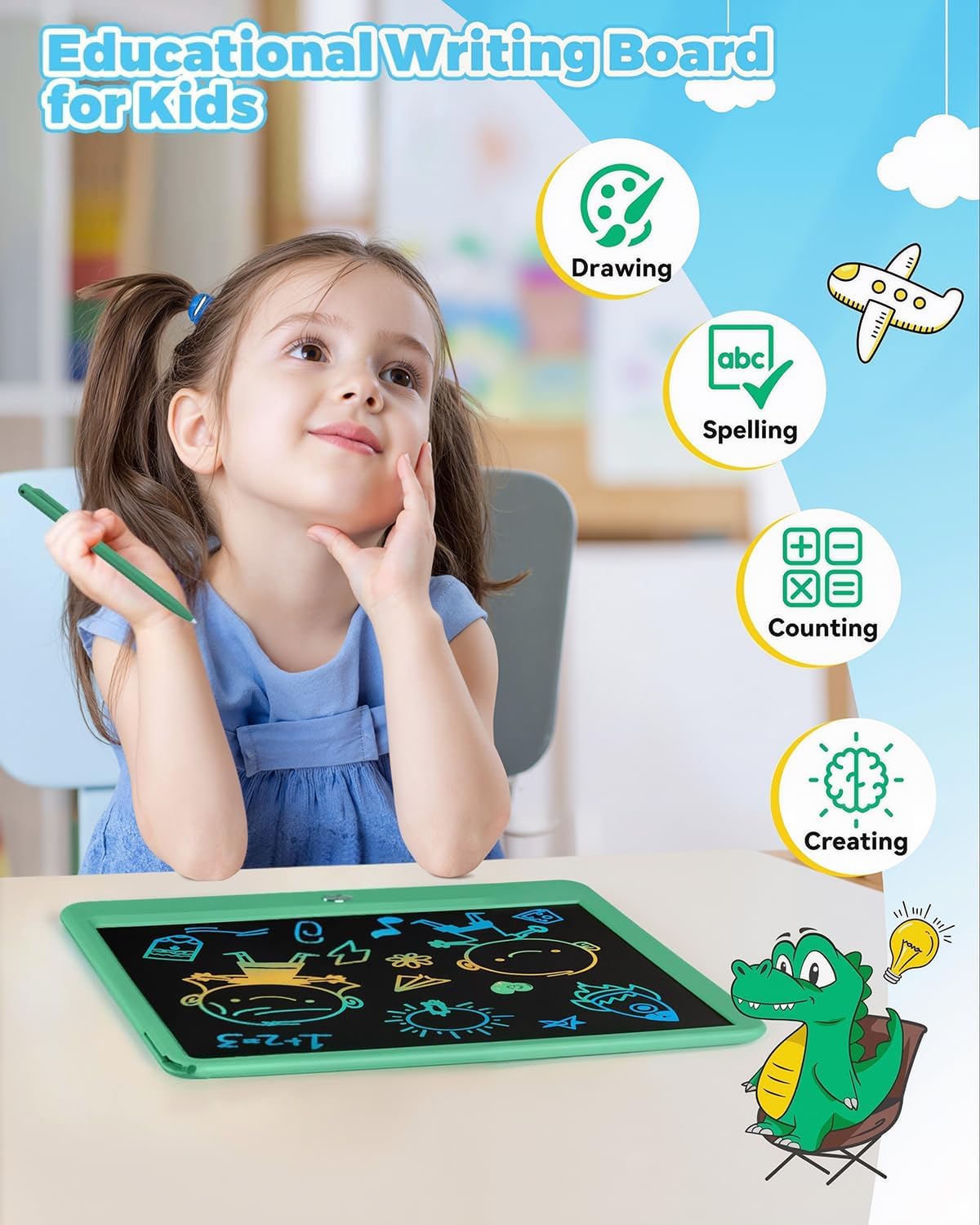 KOKODI 15 Inch LCD Writing Tablet with Anti-Lost Stylus, Erasable Doodle Board Colorful Toddler Drawing Pad, Car Travel School Games Toys for 3 4 5 6 7 8 Kids, Birthday Gift for Girls Boys Blue