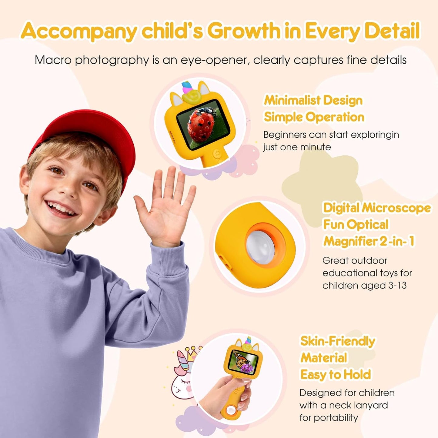 Magnify 2.4" Microscope for Kids, 600X-4800X Handheld Digital Miniscope, Portable Pocket Magnification Microscope Photo & Video | Education Toys for Age 3 4 5 6 7 8 9 10 Girls Boys