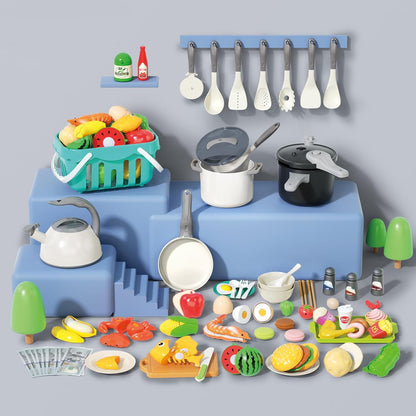 130Pcs Kitchen Playset, Toddler Pretend Cooking Play Pots, Pans, Utensils Cookware, Daily Food Fruit Veges, Shopping Storage Basket, Dessert, Prop Money, Learning Gift for Child (Pink)