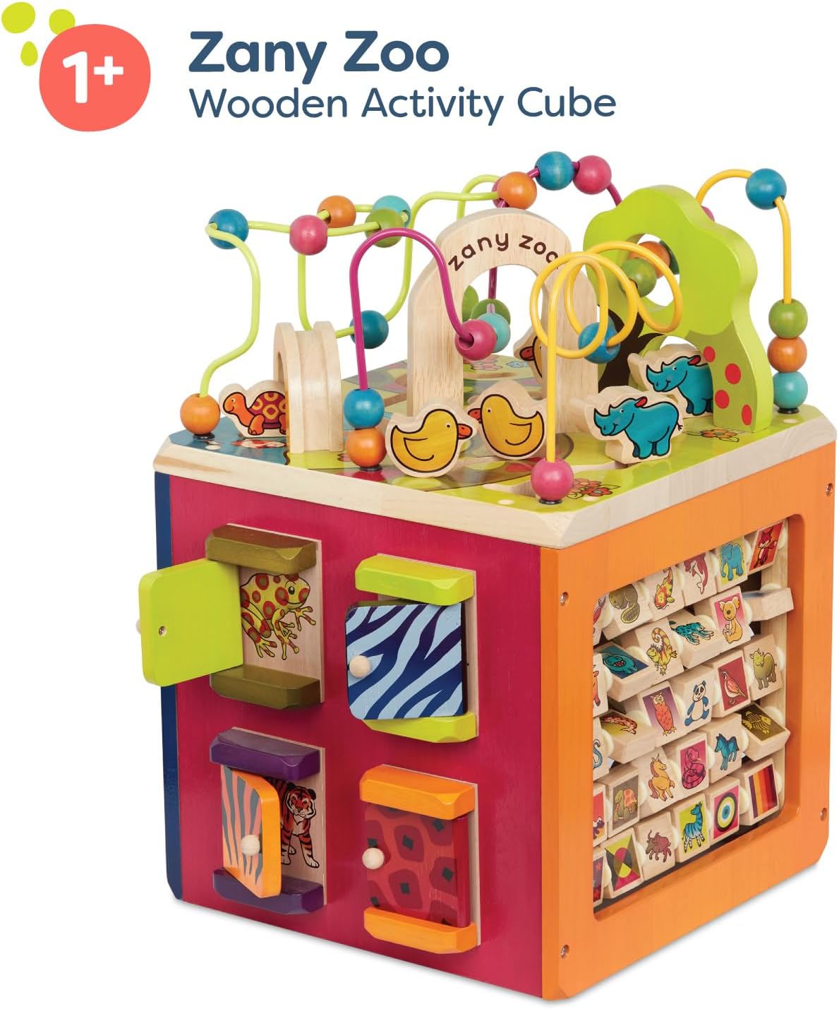 B. toys – Tabletop Activity Cube – Educational Storybook Included – Wooden Shape Sorter, Bead Maze, Animal Tiles – Top Flips for Compact Storage – 12+ Months – Lil' Learning Cube