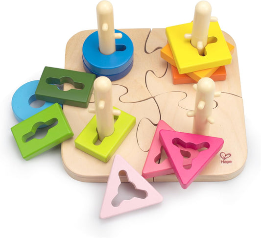 Hape Wooden Creative Peg Puzzle| Shape Sorter Stacking Peg Puzzle| Montessori Color Recognition Stacker Toy for Toddlers