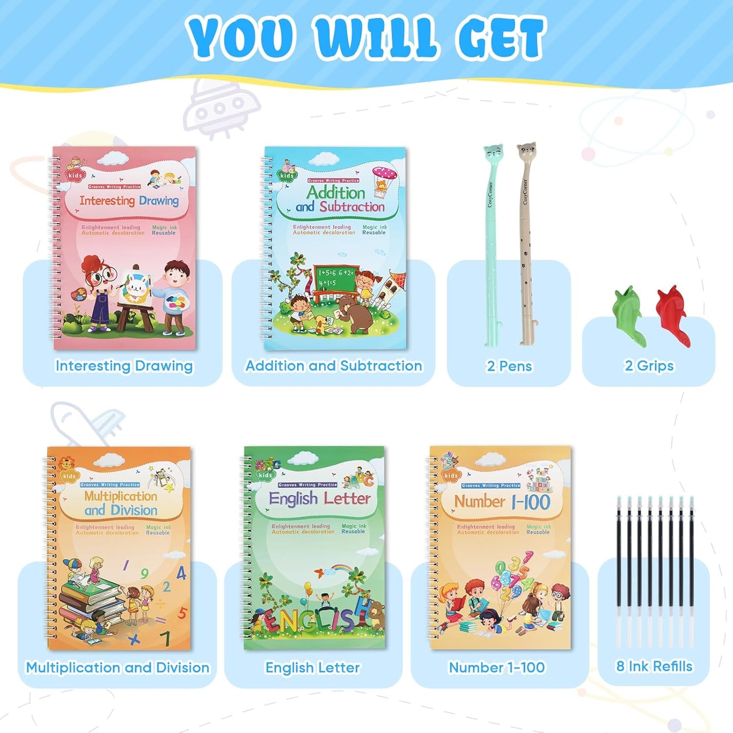 ASIGN Magic Ink Copybooks for Kids Reusable Workbooks Writing Practice for Kids Age 3-5-Grooved Writing Books Handwriting Practice Preschool Tracing Books (6)