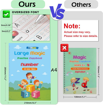 Large Magic Practice Copybook for Kids,Handwriting Grooved Practice Book 6 Pack with Pen Refill English Cursive Calligraphy Reusable Age 3-8（A4 Size）