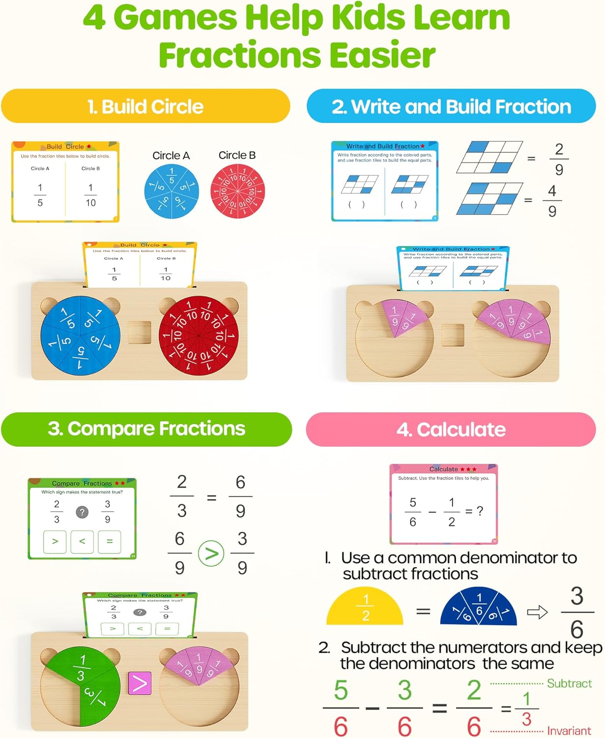 D-FantiX Wooden Fraction Educational Puzzle, Wood Fraction Tiles & Fraction Circles Set, Math Manipulatives for Elementary School, Montessori Fraction Manipulatives Games Learning Toys for Kids