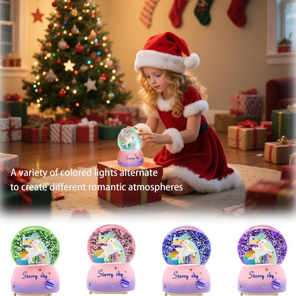Unicorn Music Snowball, 80MM Snow Globes for Girls Music Box, with LED Rainbow Snow Lights, Birthday, Christmas, Ideal Gift for Girls (Pink&Blue)