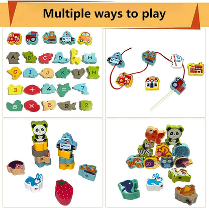 46 PCS Montessori Wooden Lacing Beads Toys for Toddlers,Educational Stringing Animals Fruits Farm Threading Beads Preschool Learning Toys for Kids 3 4 5 6 Year Old Boys Girls…