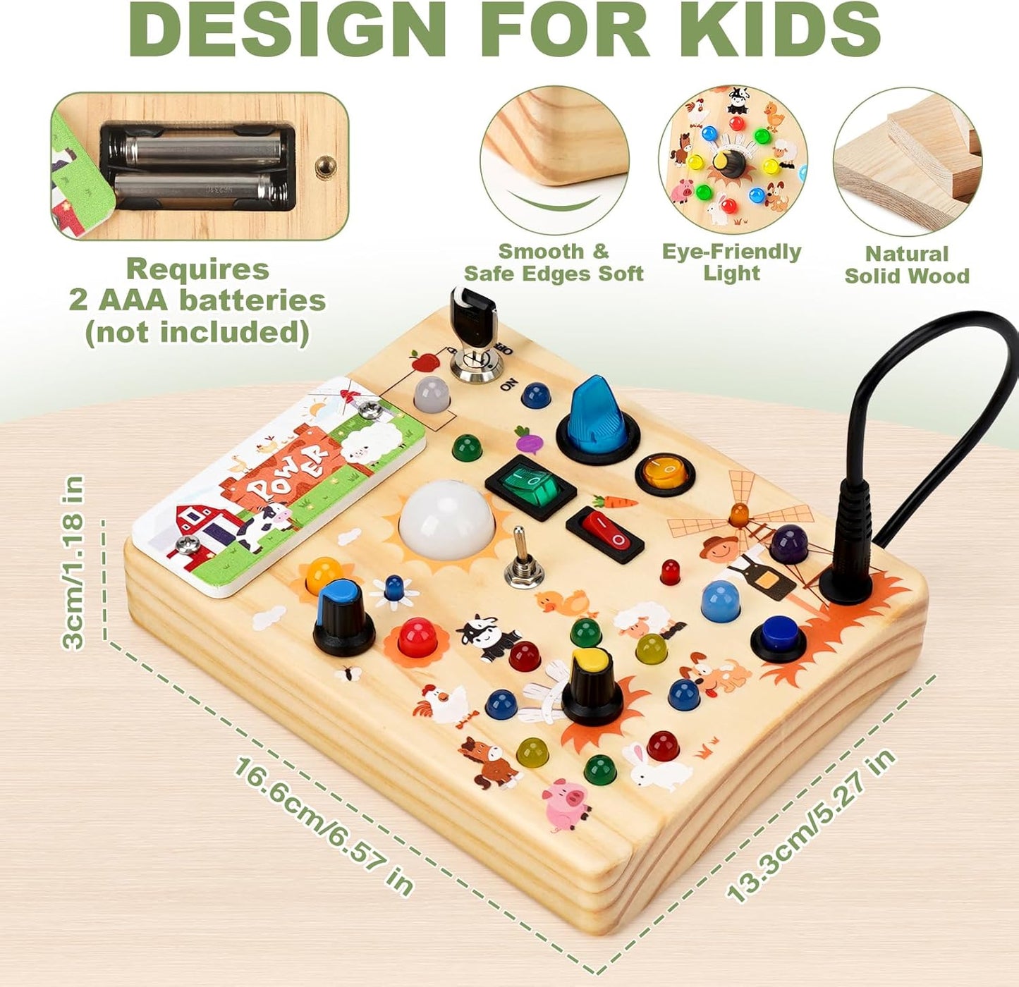 LED Busy Board for Toddlers - Montessori Sensory Toy with 10 Switches & 19 Lights, Wooden Activity Board for Fine Motor Skills, Ideal Educational Birthday Travel Toy Gift for 1 2 3 Year Old Boys Girls