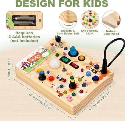 LED Busy Board for Toddlers - Montessori Sensory Toy with 10 Switches & 19 Lights, Wooden Activity Board for Fine Motor Skills, Ideal Educational Birthday Travel Toy Gift for 1 2 3 Year Old Boys Girls
