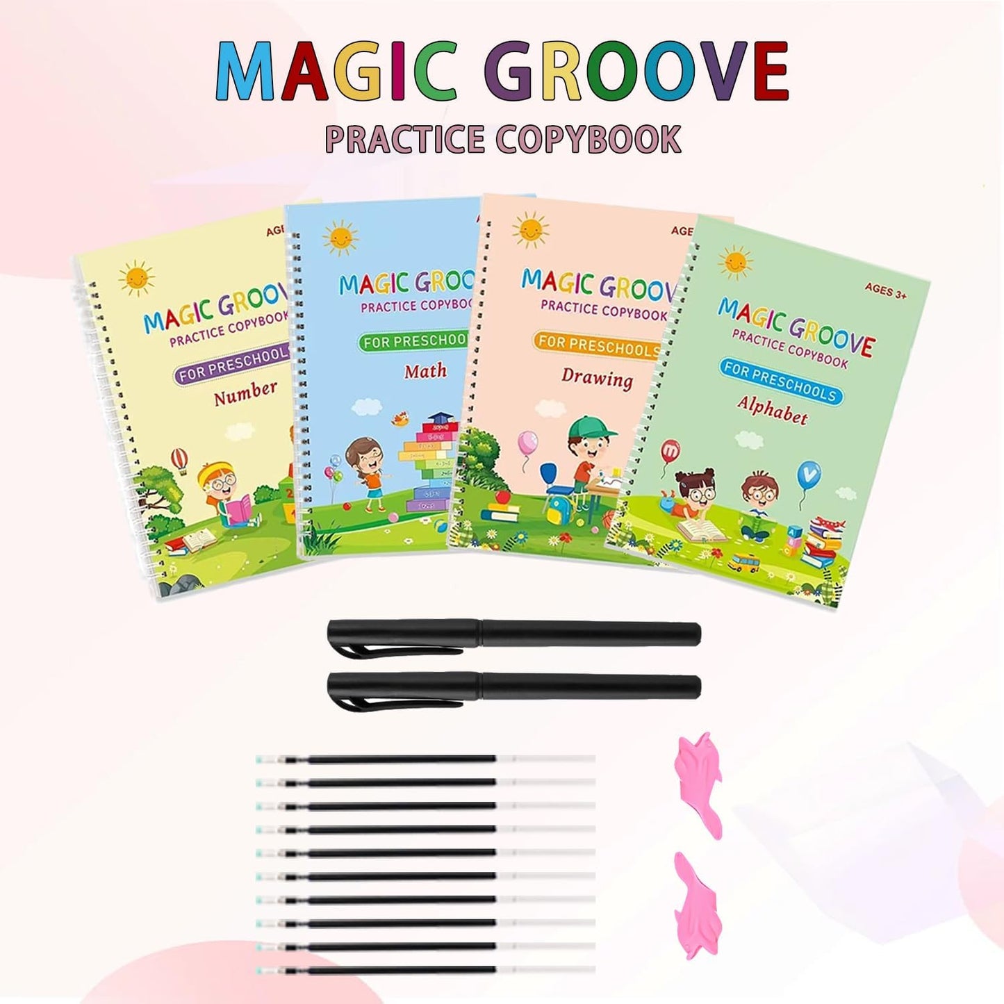 Magic Grooved Writing Practice for Kids, Reusable Grooved Handwriting Workbook with Disappearing Ink Pen, Preschool Learning Activities, Learn to Write Tracing Book, Educational Toy Gift for Boys Girls