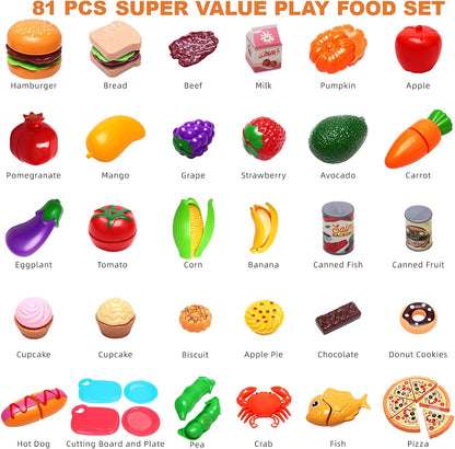 81PCS Cutting Play Food Sets for Kids Kitchen, Fake Food Toys with Storage Bag, Toy Food Set Pretend Food/Fruit/Vegetable Kids Play Kitchen Food Toys Christmas Birthday Gifts Toy for Toddler Children