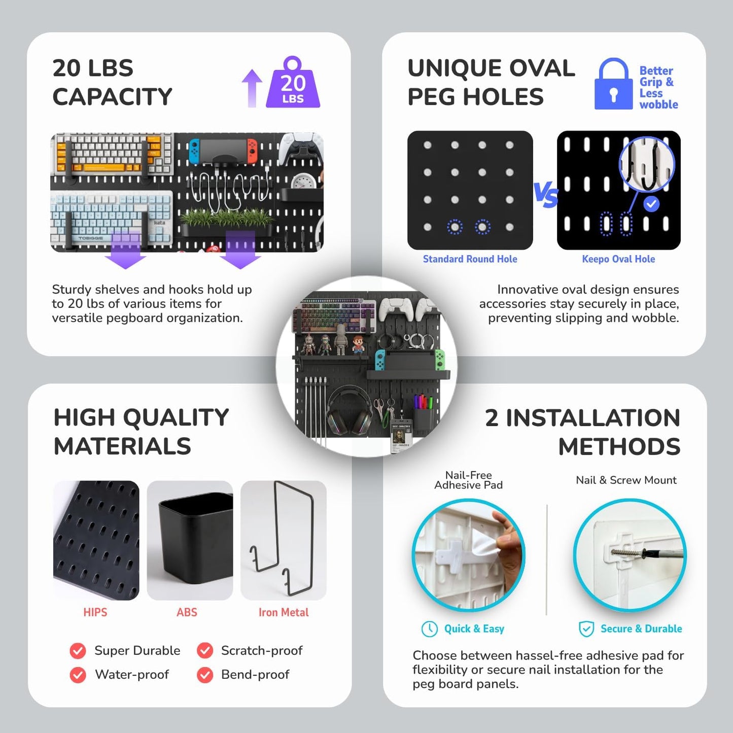 Keepo Peg Board Wall Organizer for Gaming Setup, Pegboard with Adhesives & Screw Mounts, Includes Peg Board Accessories for Gaming Accessories, Tech Storage & Office Organization (Black, 33″×22″)