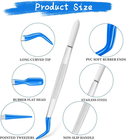 Honoson 3 Pieces Rubber Tipped Tweezers for Crafting Set - PVC Coated Flat, Straight & Bent Tips Stamps, Beads, Jewelry(Blue)