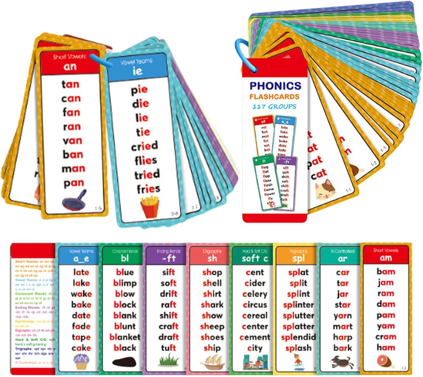 2 Set Phonics Word Cards | Word Family Build Book | Sight Words Flash Card Kindergarten with 117 Sound Groups 900+ Rhyming Words | Alphabet Flash Cards Phonics Games for Learn to Read & Spell