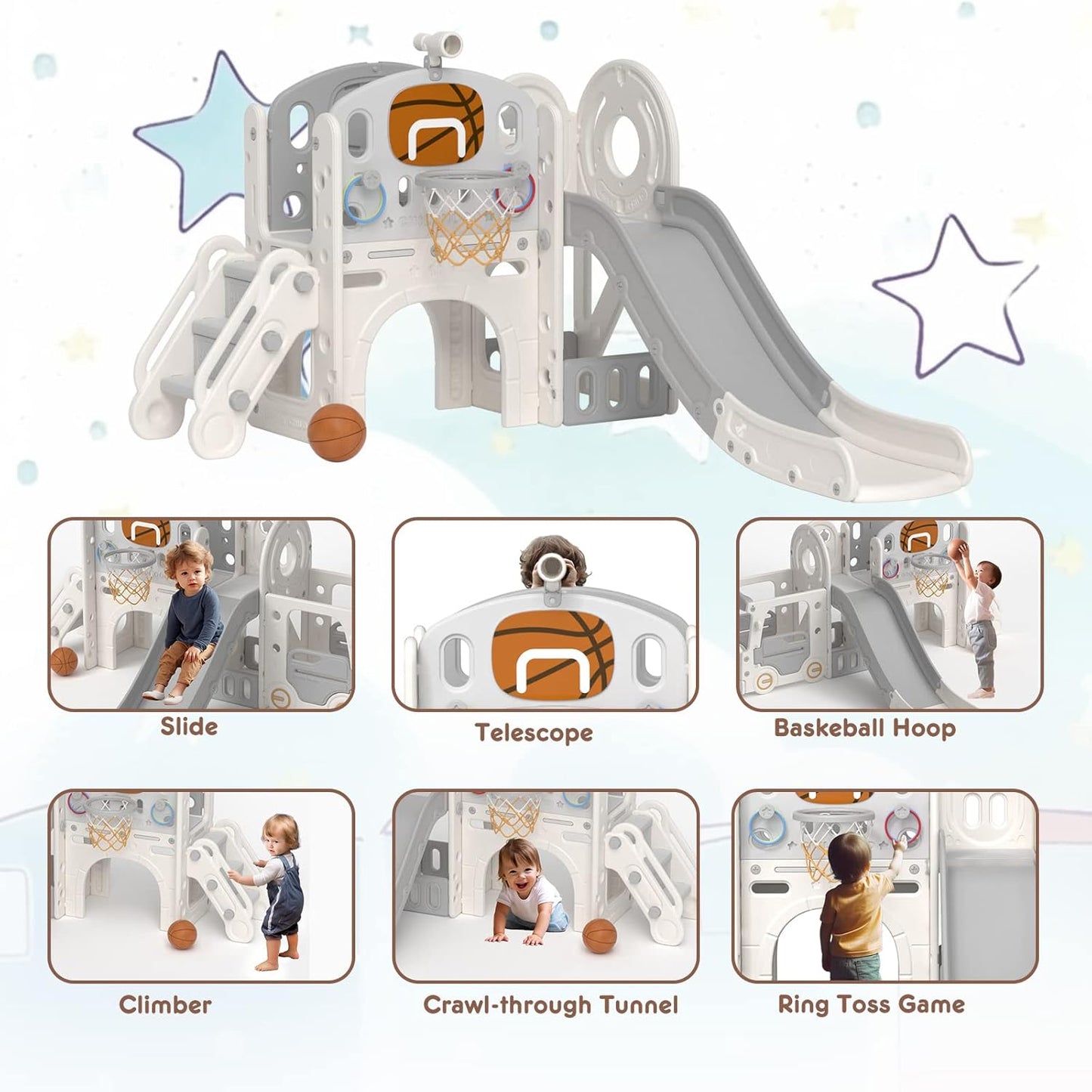 YUFU 9 in 1 Toddler Slide Set, Kids Slide for Toddlers Age 1-3, Toddler Playset with Climber and Basketball Hoop, Kids Indoor Outdoor Playground (Beige+Coffee)