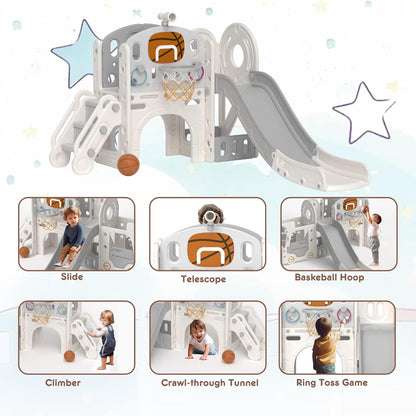 YUFU 9 in 1 Toddler Slide Set, Kids Slide for Toddlers Age 1-3, Toddler Playset with Climber and Basketball Hoop, Kids Indoor Outdoor Playground (Beige+Coffee)