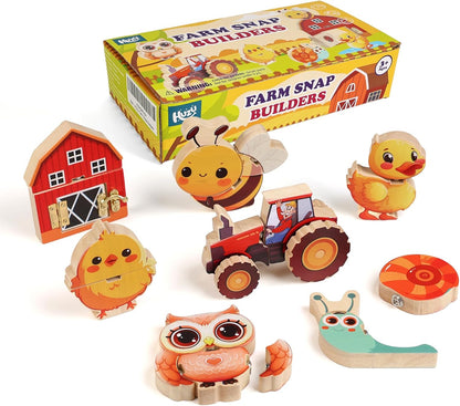 HUZU Animal Snap Wooden Building Blocks – Fun & Educational Puzzle Toy for Kids Aged 3-8, Features Cow, Bear, Lion and Turtle, Matching Game with Interchangeable Animal Faces & Emotions