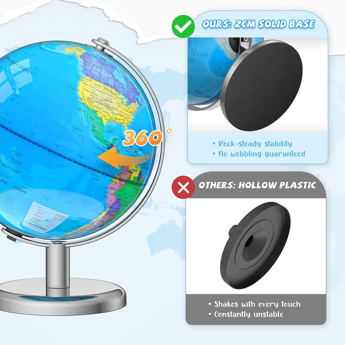 12" Illuminated World Globe for Children & Adults, Globe Lamp with World Map for Kids, Stable Heavy Metal Base, Interactive STEM Learning Gift & Night Light