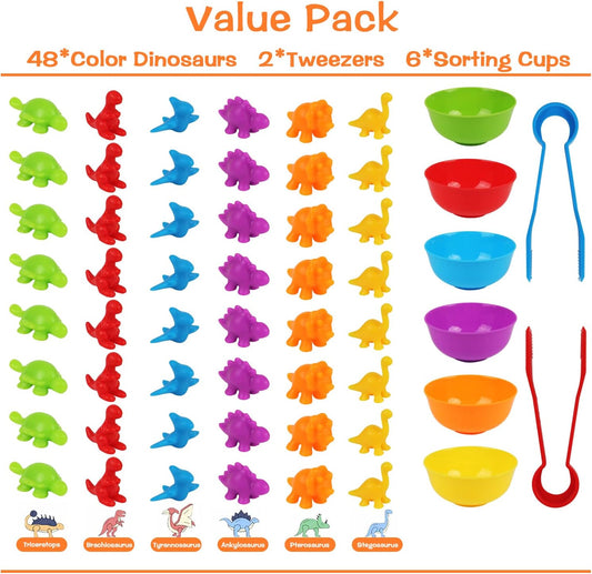 LOKIPA Counting Dinosaurs Toys Matching Game with Rainbow Sorting Cups, Color Sorting Set Preschool Learning Activities Education Toys for Toddlers Kids Ages 3 Years and Up