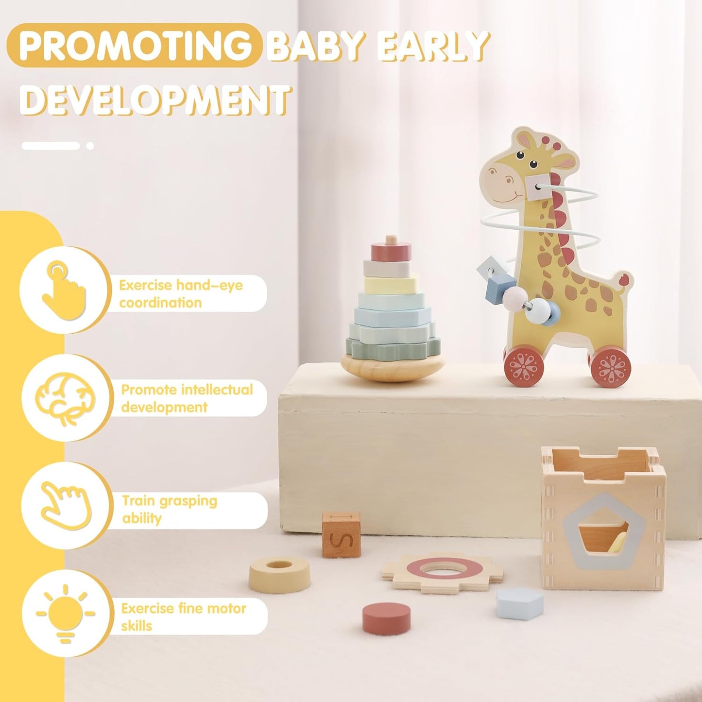 FReniland Montessori Toys for 1 Year Old，3-in-1 Wooden Baby Toys，Wooden Stacking Toy，Toddler Shape Sorting Cube, Giraffe Ring Toy,Newborn Baby Gift Sets for Boys and Girls