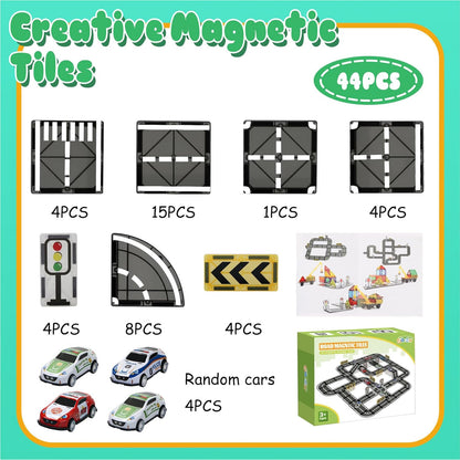 150PCS Magnetic Tiles Road Set with Marble Run, Preschool Magnet Tiles Included Magnetic Cars. STEM Magnetic Tiles for Kids, Preschool Educational Building Toys for Boys & Girls