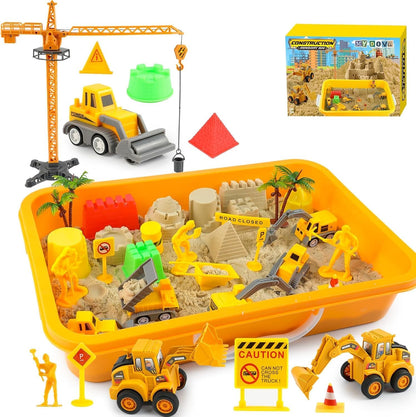 Sand Construction Kit - Play Sand Art Kit with 7 Construction Truck, 2lbs Magic Sand, Castle Molds, Crane, Worker Figures and Road Signs, Construction Sensory Bin for Preschool Learning for kids 3+