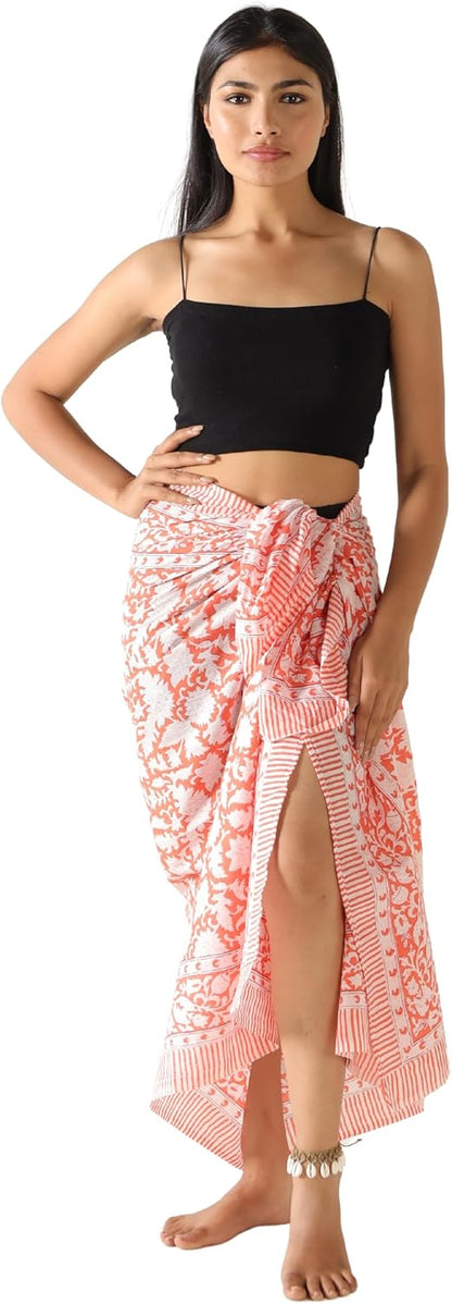 100% Cotton Sarong Cover Up for Women Indian Block Print Beach Wrap Skirt Long Boho Swimsuit Bikini Pareo (73” x 43”)