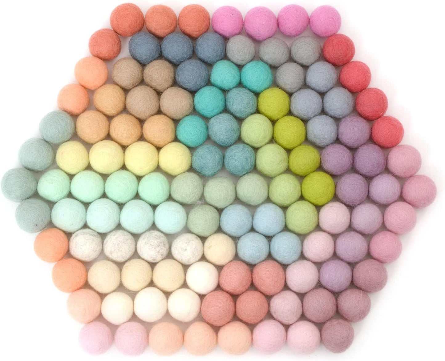 Glaciart One Felt Pom Poms, Wool Felt Balls with Swirls & Dots (90 Pieces) 2 cm – 0.8 Inch, Handmade Felted 30 Color Pastel Bulk Small Puff for Felting and Garland