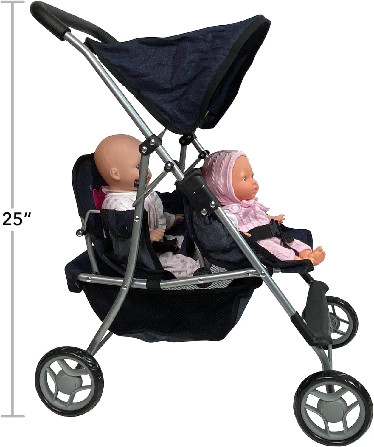 The New York Doll Collection First Twin Stroller - Cutest Heart Design Baby Strollers Great Toy Gift for Toddlers and Girls (Denim) Blue,pink