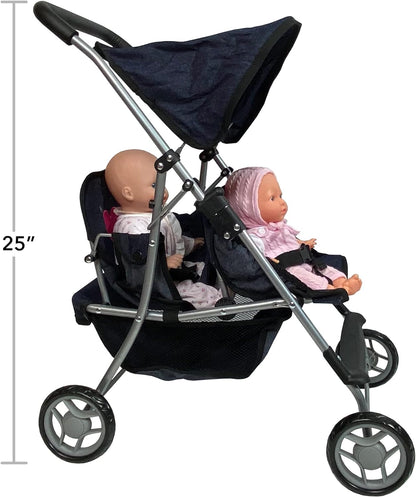 The New York Doll Collection First Twin Stroller - Cutest Heart Design Baby Strollers Great Toy Gift for Toddlers and Girls (Denim) Blue,pink