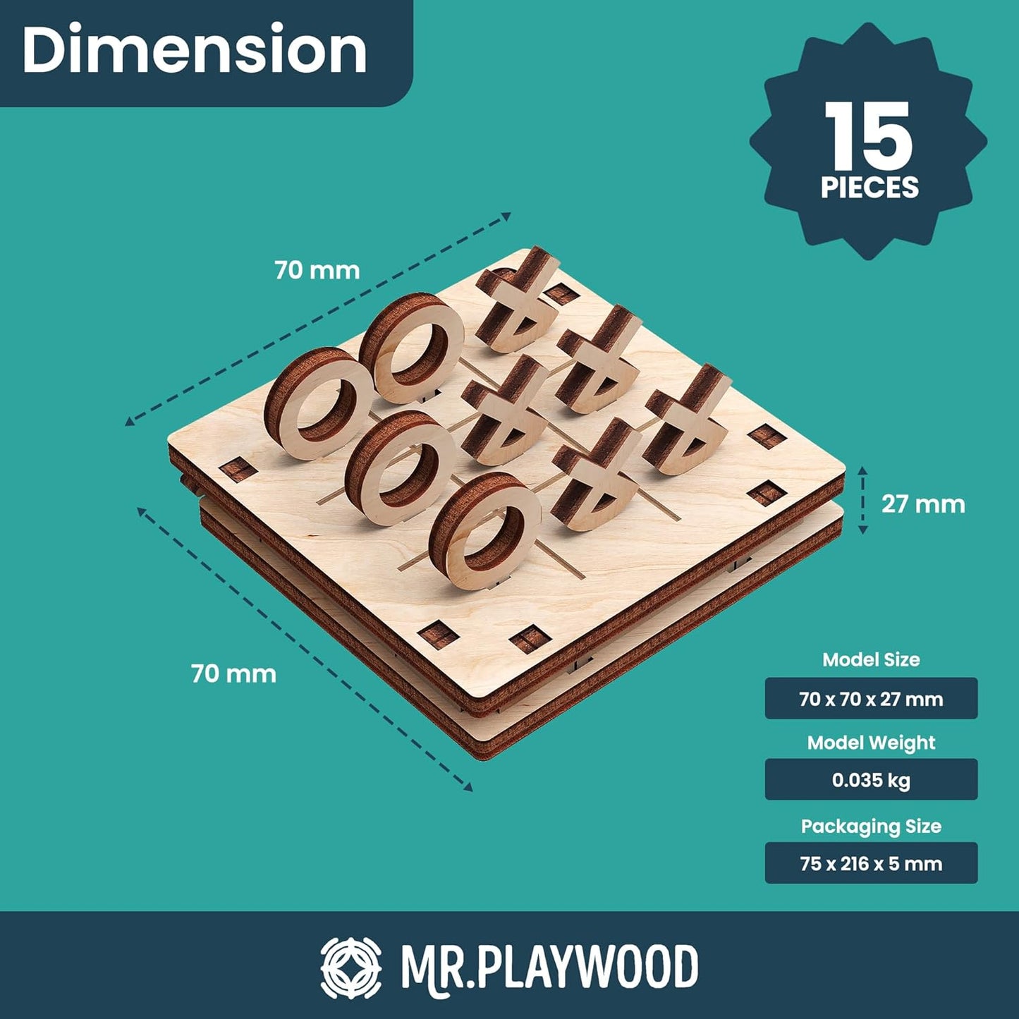 -Wooden Tic Tac Toe Game - 3D Mechanical Wood Model Board Games - Portable Pocket Size Travel Game for Kids & Adults - Coffee Table Games & Home Decor - 15 Piece DIY Logic Puzzle