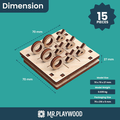 -Wooden Tic Tac Toe Game - 3D Mechanical Wood Model Board Games - Portable Pocket Size Travel Game for Kids & Adults - Coffee Table Games & Home Decor - 15 Piece DIY Logic Puzzle