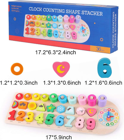 QZMTOY Counting Shape Stacker Wooden Count Sort Stacking Tower with Wood Colorful Number Shape Math Blocks for Kids Preschool Educational Toddlers Toy