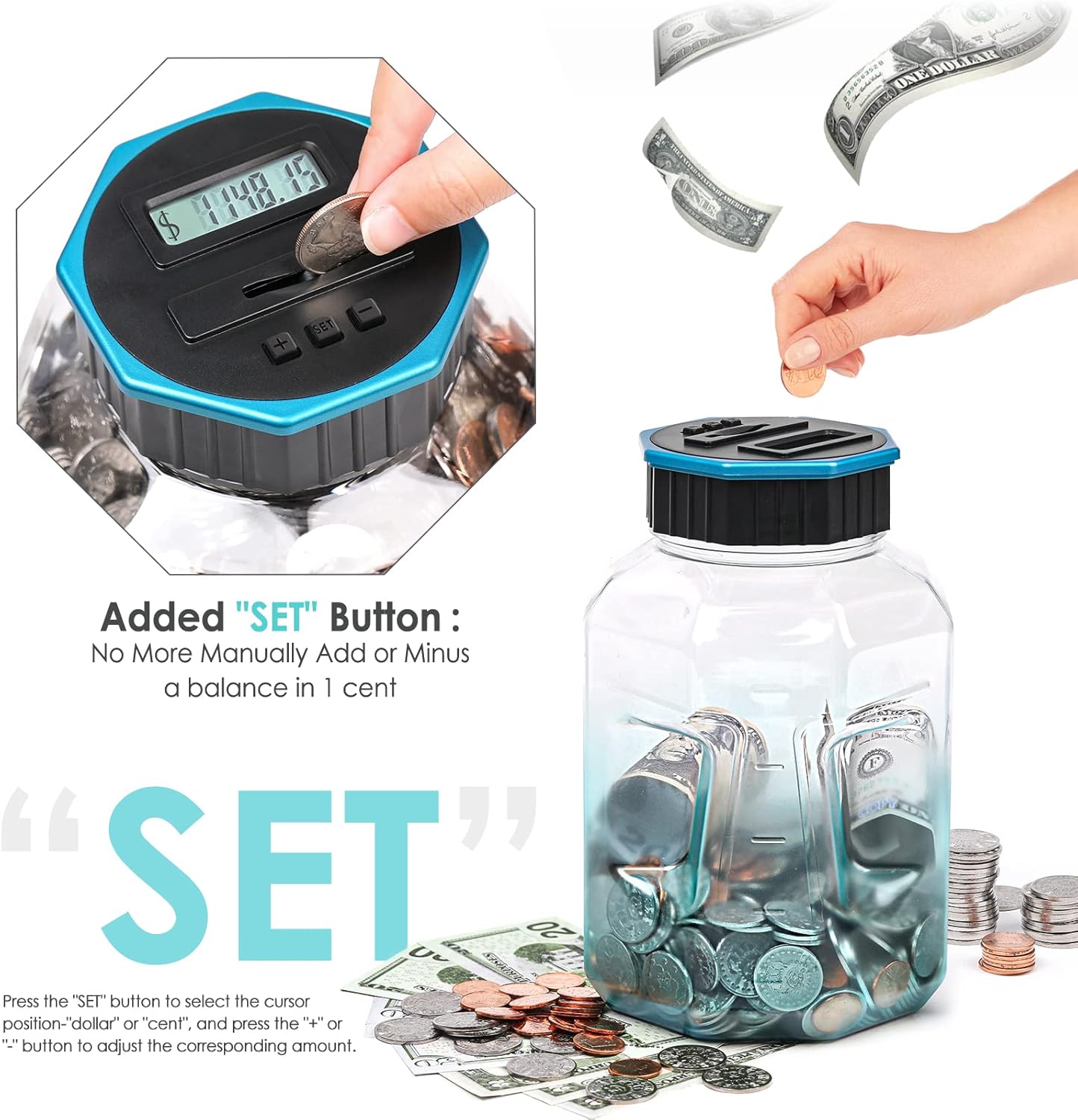 X-Large Piggy Bank for Adults Kids, Vcertcpl Digital Coin Counting Bank with LCD Counter, 2.4L Capacity, Great Coin Counter Bank Money Counting Jar with Total Amount Displayed (Silver, X-Large)