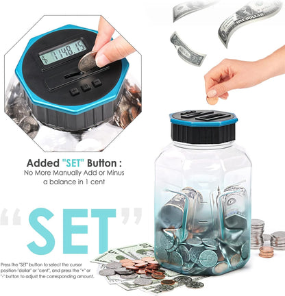 X-Large Piggy Bank for Adults Kids, Vcertcpl Digital Coin Counting Bank with LCD Counter, 2.4L Capacity, Great Coin Counter Bank Money Counting Jar with Total Amount Displayed (Silver, X-Large)