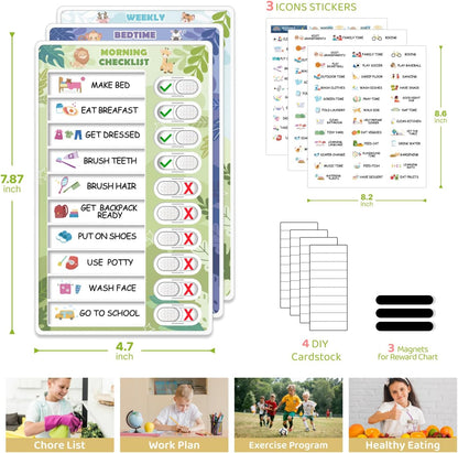 Upgraded Slider 3 in 1 Bedtime/Morning/Daily Routine Chart for Kids, Magnetic Chore Chart for Kids, Visual Schedule for Kids Toddlers Schedule Board for Home