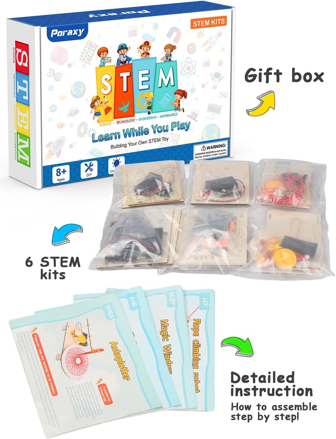 Poraxy 6 in 1 STEM Toys for Kids Ages 8-12, STEM Kits, 3D Wooden Puzzles, Educational Science Projects Building Model Kits, Birthday Gifts for Boys and Girls Ages 7 8 9 10 11 12 13 Years Old