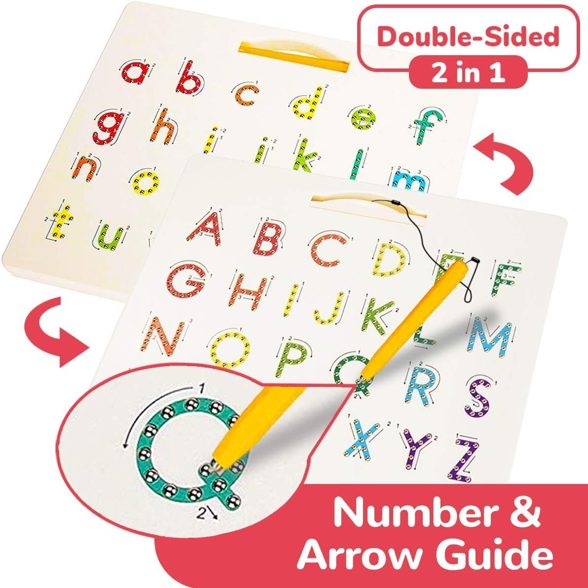 CozyBomB™ Double Sided Magnetic Letter Board - 2 in 1 Alphabet Magnets Tracing Board for Toddlers ABC Letters Uppercase & Lowercase Practicing Gifts for Boys Girls Birthdays Christmas Holidays