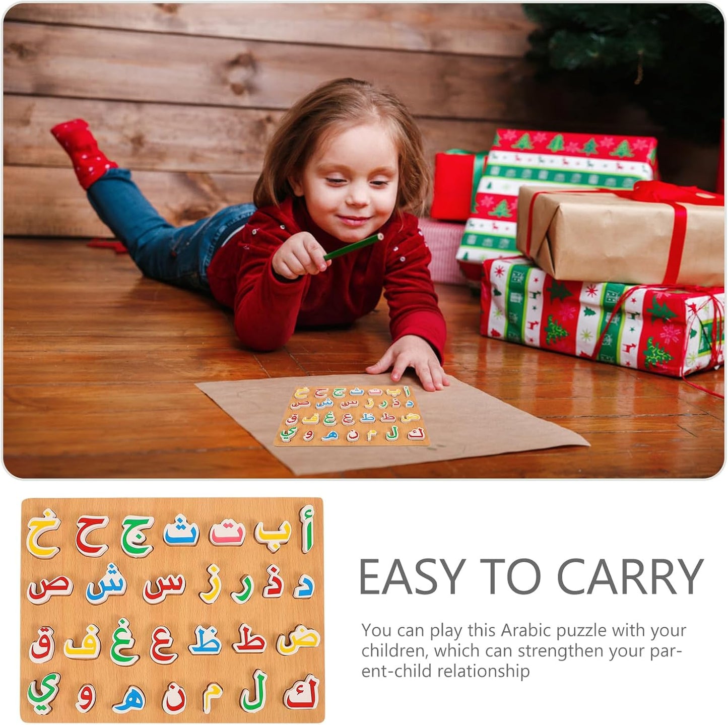 Ipetboom 1 Set Wooden Arabic Alphabet Puzzle Board: Numbers Letters Words Jigsaw for Montessori Preschool Education, Hand Grip Blocks Learning Game Toys for Toddlers Kids Childrens