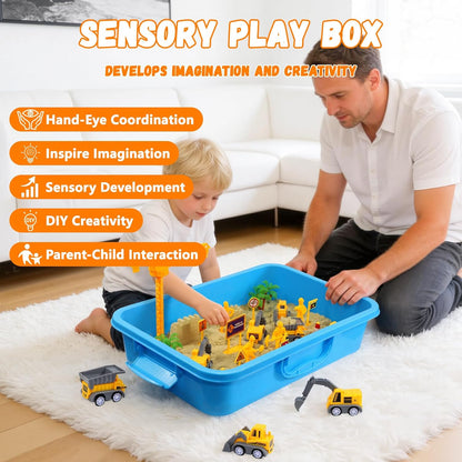 Construction Sensory Bin with Lid, 2.2lbs Magic Sand & 5 Construction Trucks, Sensory Sand Kit Construction Toys for 3 4 5 6 7 8+ Year Old Boys Toddlers Christmas Birthday Gift