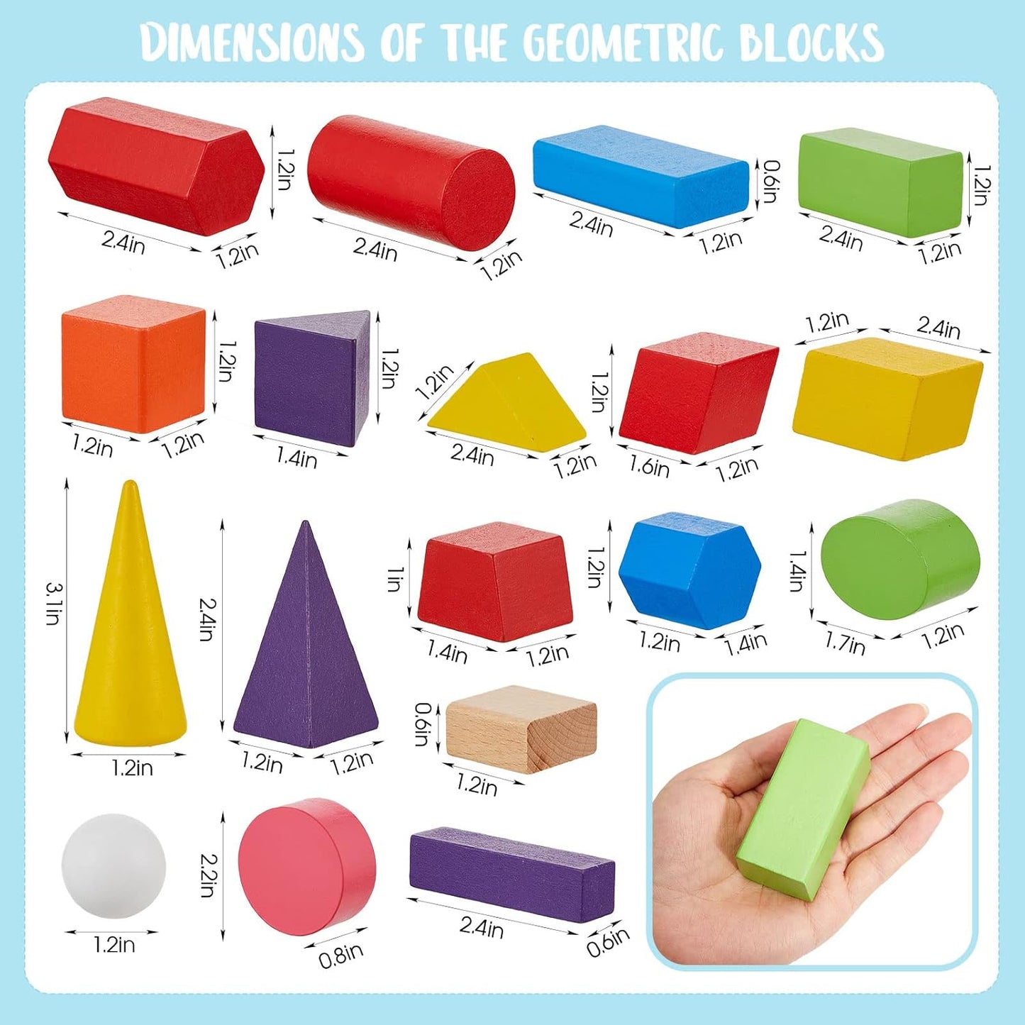 Deekin 18 Pcs Large 3D Shapes for Teaching Math Manipulatives Geometric Solids Blocks Montessori Learning Blocks Solid for Preschool Elementary Home School Supplies (3D Shape)
