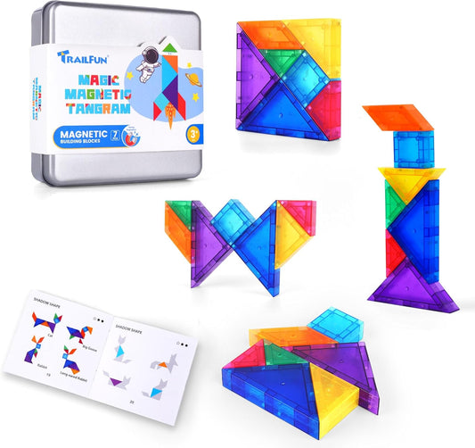 Magnetic Tangrams, Magnet Blocks STEM Montessori Toys for Kids, Toddler Magnetic Puzzles Educational Travel Activity Road Trip Essentials