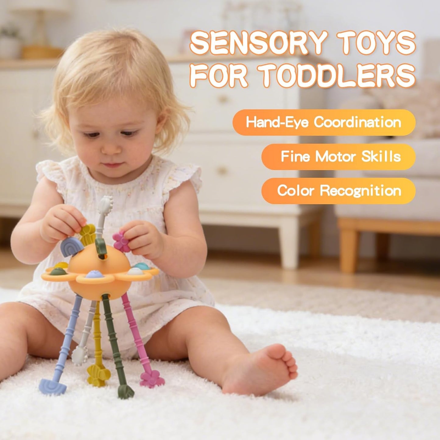 Food Grade Silicone Pull String Baby Toy, Montessori Pull String Sensory Toy for 18 Months Babies Teething Toys (Navy Blue)