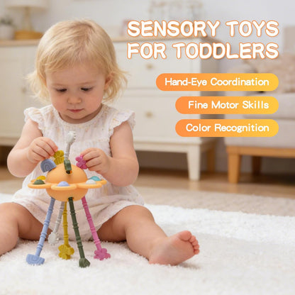 Food Grade Silicone Pull String Baby Toy, Montessori Pull String Sensory Toy for 18 Months Babies Teething Toys (Navy Blue)