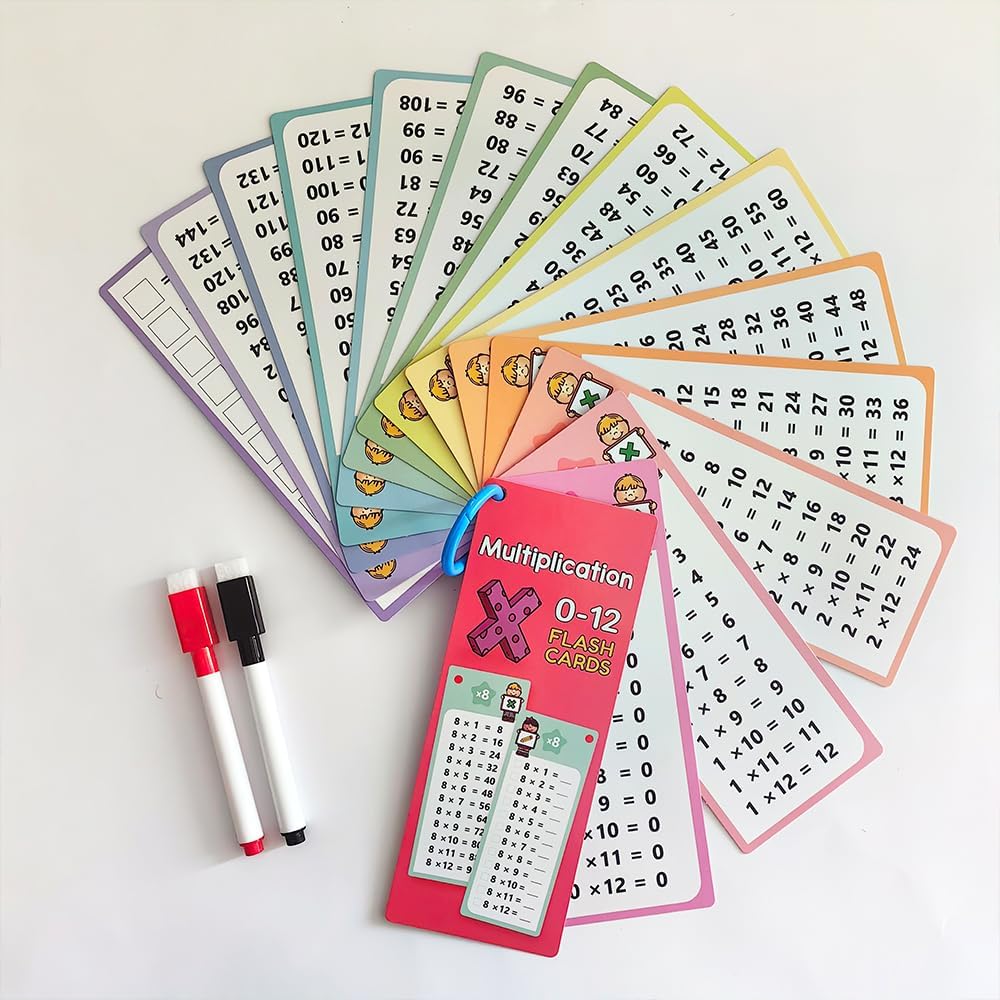 Multiplication Flash Cards 0-12 – Times Table Flashcards with Self-Check, 15 Rewritable Cards & 2 Dry Erase Pens, Ideal for Homeschool & Primary School 1st to 3rd Grd Teaching Aids